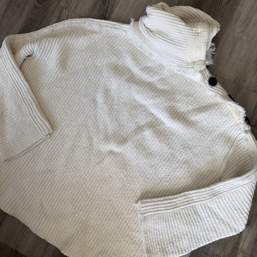 Free People On My Side Turtleneck Heavy Sweater XS Oversized Ivory Button Boho
